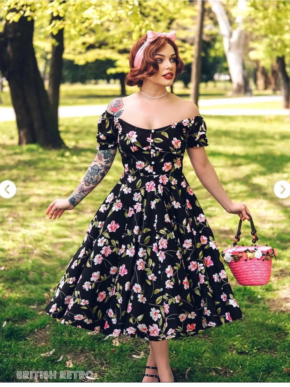 British retro navy blue pink floral swing Dress UK 8 = US 4